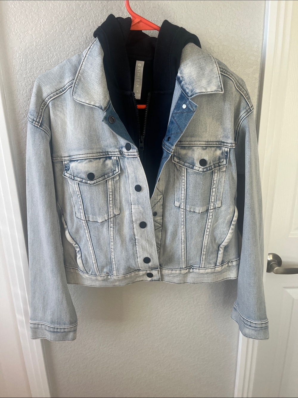Athleta Double Time Denim Jacket Hooded Hoodie Jean Small